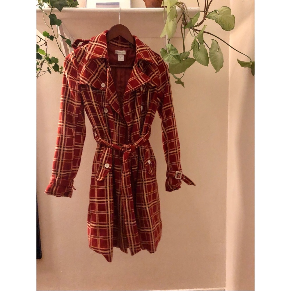 70s style orange and beige plaid trench coat